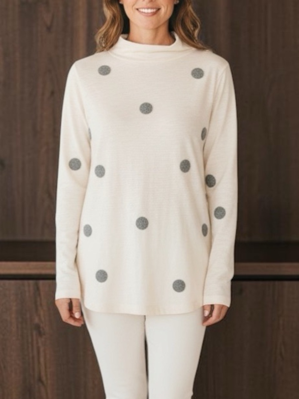 Loft Women’s Cotton Polka Dot Turtleneck Top Cream Size Medium